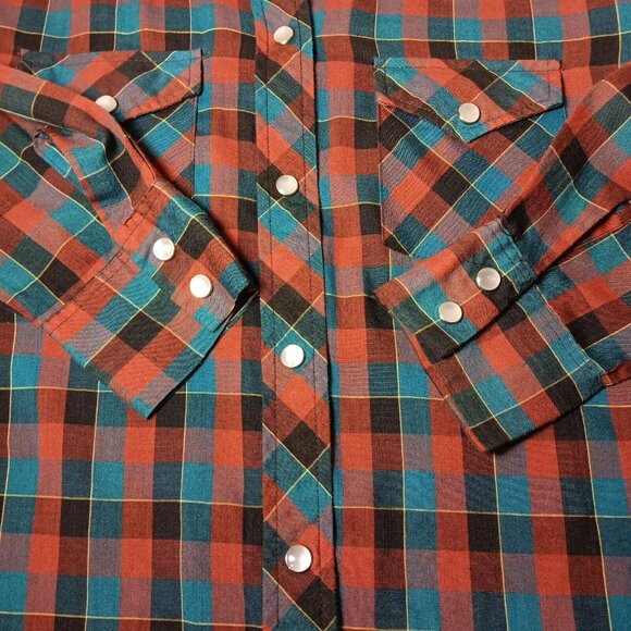 Western Shirt Size 38 Pearl Snap Blouse Maroon Tea Black Plaid Vintage Ranchwear - Picture 6 of 10